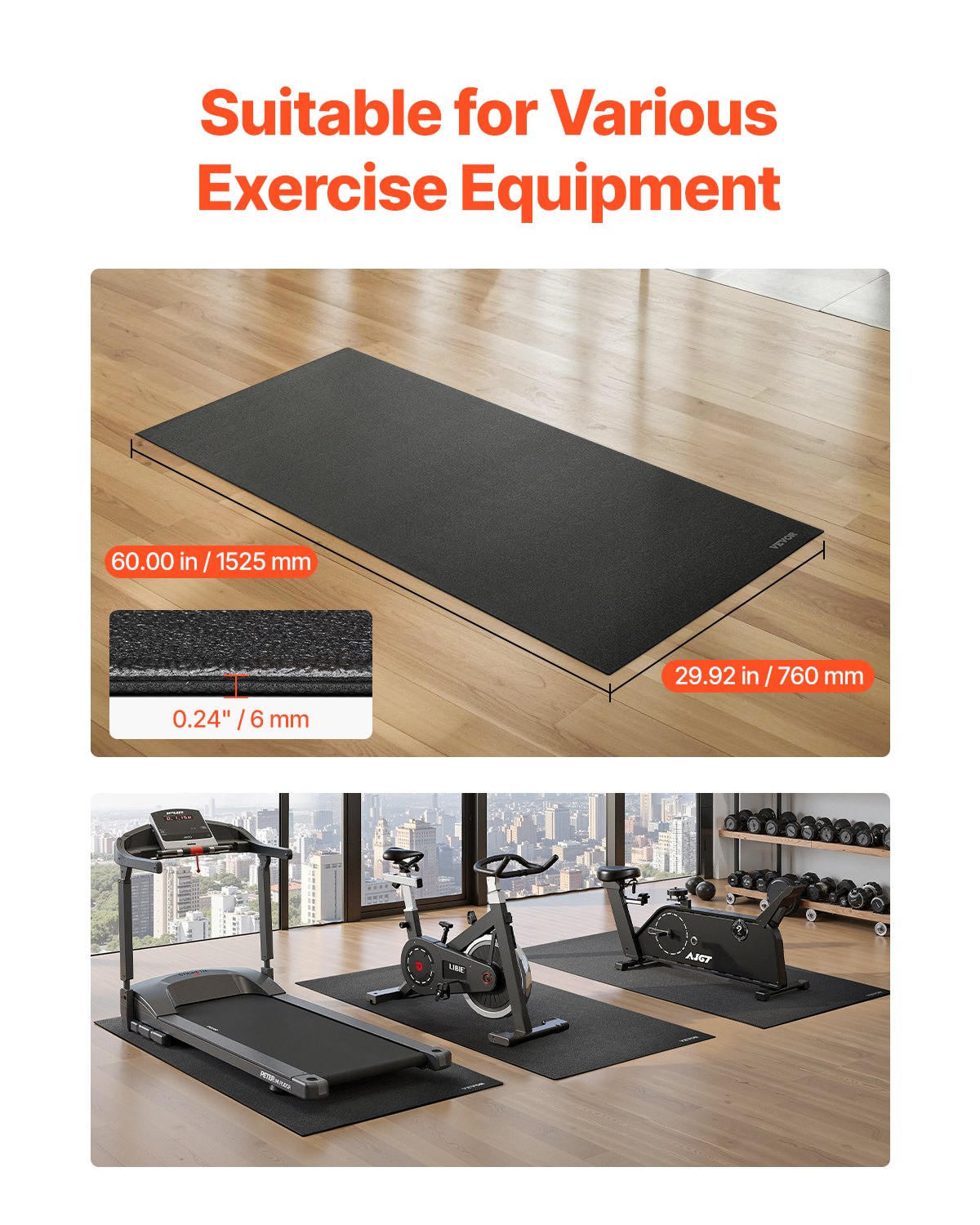 Treadmill Mat For Carpet Floor, 1-4in Thick, 30in X 60in Exercise Equipment Mat For Treadmills, Stationary & Recumbent Bikes, High Density PVC Floor Protector, Waterproof And Non-slip For Home Gym